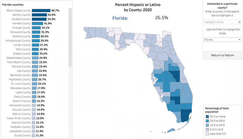 Census bureau map shows Florida counties by Hispanic population